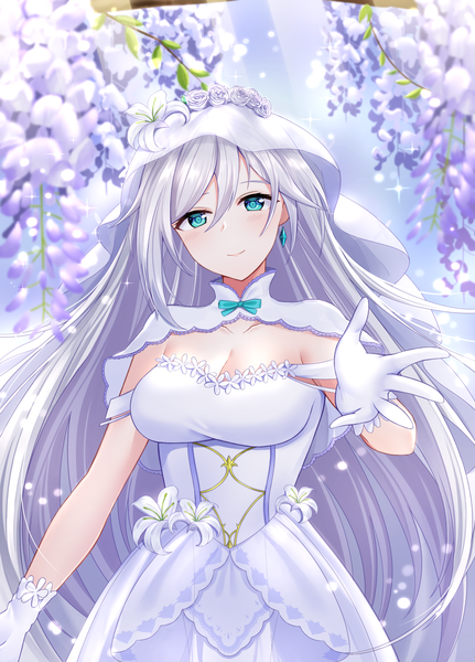 Anime picture 1034x1440 with honkai impact 3rd honkai (series) cecilia schariac aircell single long hair tall image looking at viewer blush fringe breasts blue eyes large breasts standing payot cleavage silver hair head tilt light smile blurry