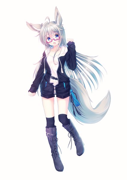 Anime picture 868x1228 with original misaki yuu (dstyle) single long hair tall image looking at viewer blush fringe open mouth blue eyes simple background hair between eyes standing white background animal ears silver hair full body ahoge tail animal tail