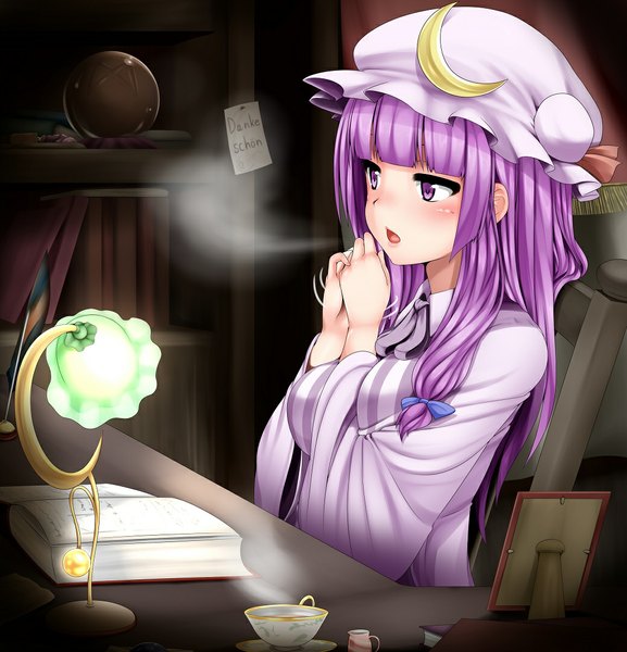 Anime picture 1040x1080 with touhou patchouli knowledge miki purasu long hair tall image blush open mouth sitting purple eyes purple hair steam crescent girl dress book (books) chair bonnet cup lamp