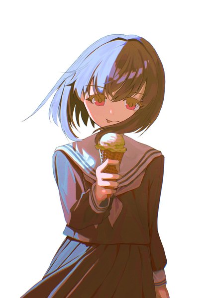 Anime picture 1448x2048 with original kagenoyuhi single tall image looking at viewer fringe short hair black hair simple background smile hair between eyes red eyes standing white background holding long sleeves pleated skirt :p bob cut girl