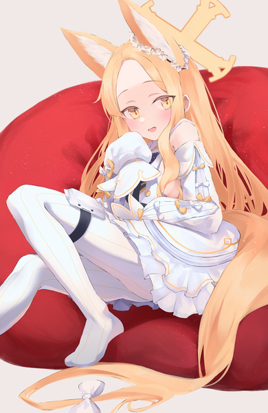 Anime picture 2600x4000 with blue archive seia (blue archive) heimu (heim kstr) single tall image looking at viewer highres open mouth light erotic blonde hair animal ears yellow eyes long sleeves very long hair :d no shoes girl detached sleeves pantyhose thigh strap