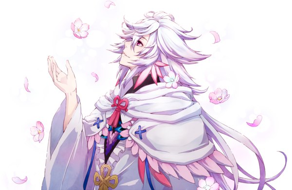Anime picture 2000x1300 with fate (series) fate/grand order merlin (fate) yamaneko514 single long hair fringe highres simple background hair between eyes white background silver hair upper body profile pink eyes arm up looking up boy flower (flowers)