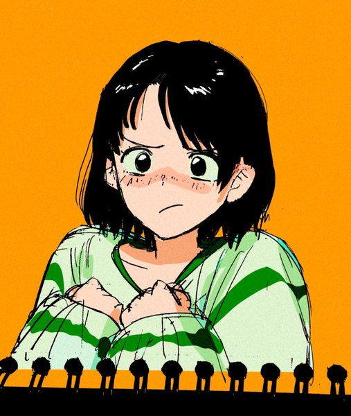 Anime picture 866x1024 with original komugiko 2000 single tall image looking at viewer blush short hair black hair simple background upper body black eyes scan orange background polychromatic girl