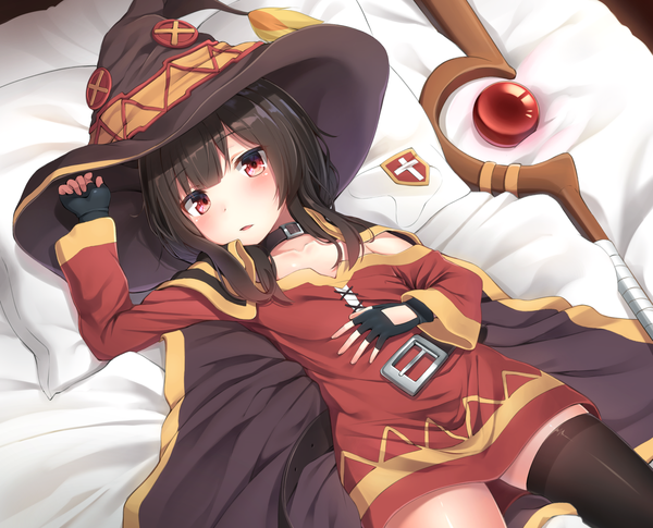Anime picture 1546x1250 with kono subarashii sekai ni shukufuku wo! studio deen megumin superpig (wlstjqdla) single looking at viewer light erotic black hair red eyes payot lying long sleeves parted lips off shoulder on back depth of field flat chest revision girl thighhighs