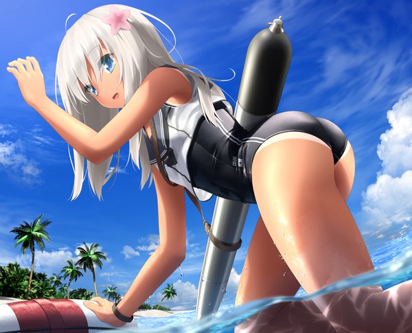 Anime picture 1312x1061 with kantai collection ro-500 submarine u-511 submarine haribote (tarao) single long hair fringe open mouth blue eyes light erotic standing bare shoulders sky cloud (clouds) ass white hair looking back hair flower sunlight wet