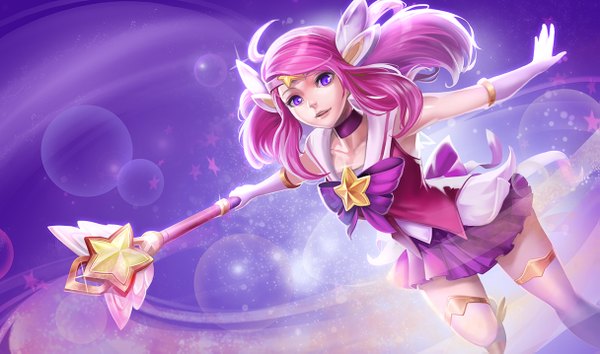 Anime picture 1215x717 with league of legends lux (league of legends) star guardian lux goomrrat single looking at viewer short hair wide image purple eyes pink hair girl thighhighs dress skirt gloves bow miniskirt white thighhighs white gloves large bow