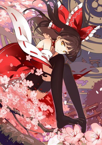 Anime picture 811x1147 with touhou hakurei reimu lia-sama single long hair tall image fringe brown hair sitting bare shoulders brown eyes wind no shoes cherry blossoms embryo's pose grabbing girl thighhighs bow black thighhighs