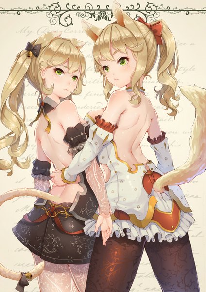 Anime picture 1200x1696 with original fangxiang cuoluan long hair tall image blonde hair bare shoulders multiple girls green eyes animal ears ponytail tail animal tail looking back cat ears cat girl cat tail bare back girl dress 2 girls