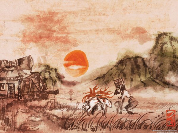 Anime picture 1600x1200 with okami amaterasu (okami) highres wallpaper field wolf kushi