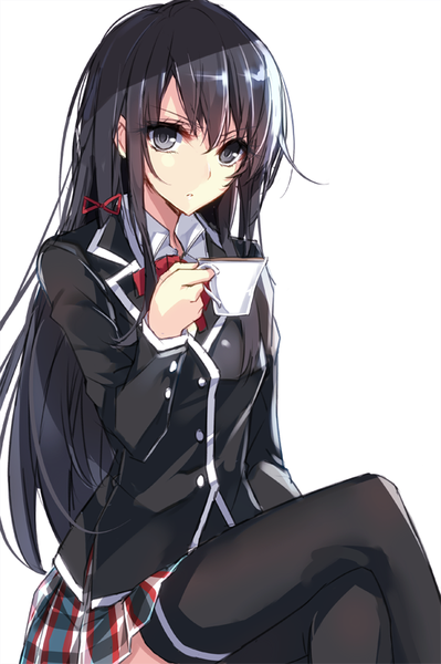 Anime picture 532x800 with yahari ore no seishun love comedy wa machigatteiru. brains base (studio) yukinoshita yukino aosaki yukina single long hair tall image looking at viewer fringe black hair simple background white background sitting black eyes crossed legs girl thighhighs skirt uniform ribbon (ribbons)