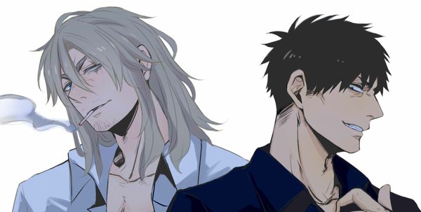 Anime picture 1040x526 with gangsta. nicolas brown worick arcangelo long hair looking at viewer fringe short hair blue eyes black hair simple background blonde hair smile wide image white background lips black eyes open clothes open shirt scar smoke
