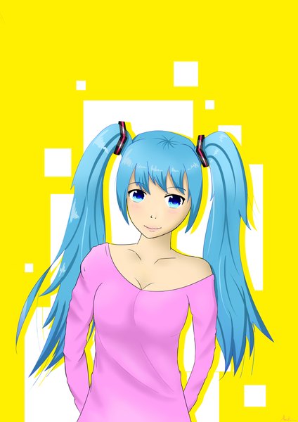 Anime picture 3307x4677 with vocaloid hatsune miku pyro sensei single long hair tall image blush highres blue eyes simple background twintails bare shoulders absurdres light smile aqua hair hands behind back yellow background girl sweater
