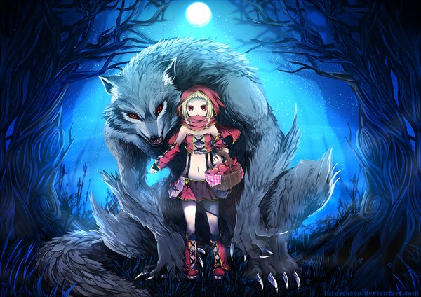Anime picture 1500x1060 with little red riding hood little red riding hood (character) big bad wolf lulu season blonde hair red eyes night teeth fang (fangs) girl skirt plant (plants) detached sleeves tree (trees) hood moon star (stars) grass apple claws
