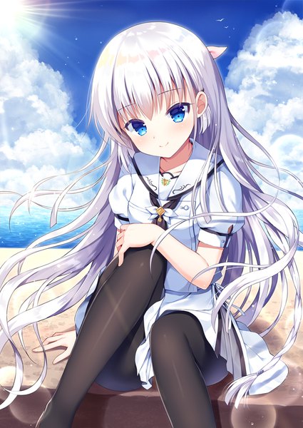 Anime picture 700x989 with summer pockets key (studio) naruse shiroha mauve single long hair tall image blush blue eyes smile sitting sky silver hair cloud (clouds) outdoors head tilt sunlight puffy sleeves lens flare hand on knee