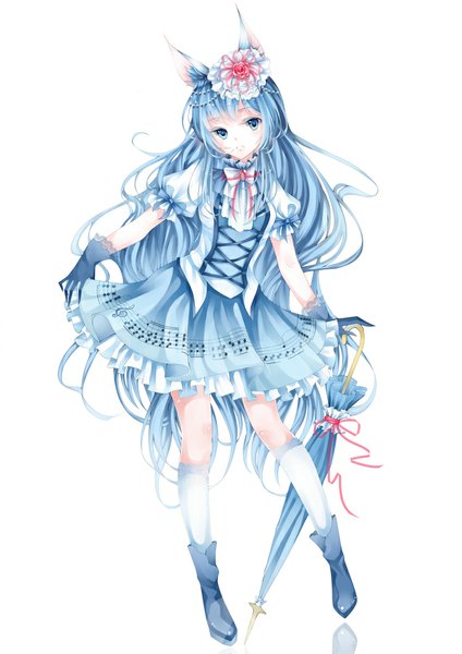 Anime picture 706x1000 with original stari single long hair tall image looking at viewer blue eyes simple background white background blue hair closed umbrella girl dress socks shoes umbrella white socks