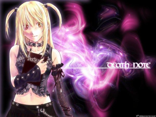 Anime picture 1024x768 with death note madhouse amane misa blonde hair twintails goth-loli navel detached sleeves choker chain notebook
