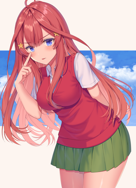 Anime picture 1671x2305 with go-toubun no hanayome nakano itsuki izumo neru single long hair tall image looking at viewer blush fringe blue eyes simple background hair between eyes standing white background sky cloud (clouds) ahoge red hair pleated skirt arm behind back