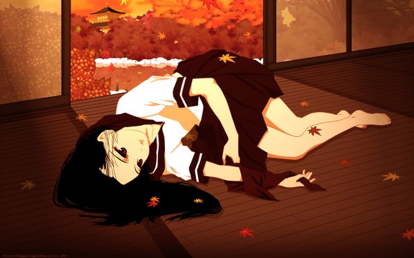 Anime picture 2560x1600 with hell girl studio deen enma ai cilou (artist) single highres black hair red eyes wide image lying autumn girl serafuku leaf (leaves)