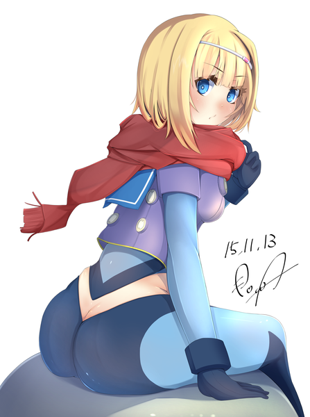 Anime picture 2721x3651 with heavy object j.c. staff milinda brantini do wa single tall image blush fringe highres short hair breasts blue eyes light erotic simple background blonde hair white background sitting signed looking away ass
