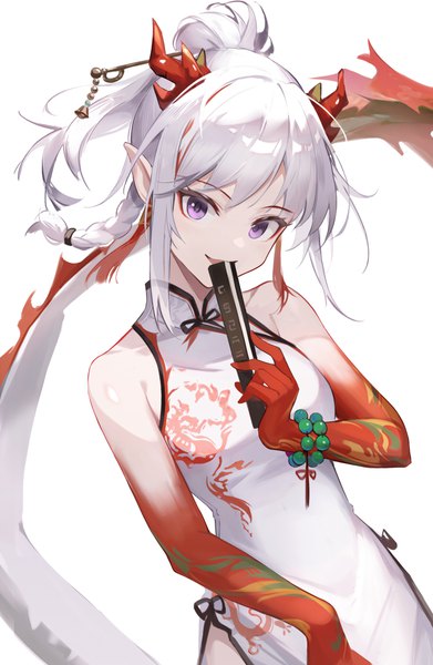 Anime picture 1712x2625 with arknights nian (arknights) nian (unfettered freedom) (arknights) uza single tall image highres short hair purple eyes silver hair upper body ponytail tail traditional clothes horn (horns) pointy ears sleeveless official alternate costume chinese clothes dragon girl