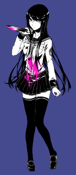 Anime picture 832x1900 with dangan ronpa maizono sayaka hug (yourhug) single long hair tall image looking at viewer fringe breasts blue eyes black hair simple background holding bent knee (knees) zettai ryouiki blue background bloody clothes bloody weapon girl thighhighs
