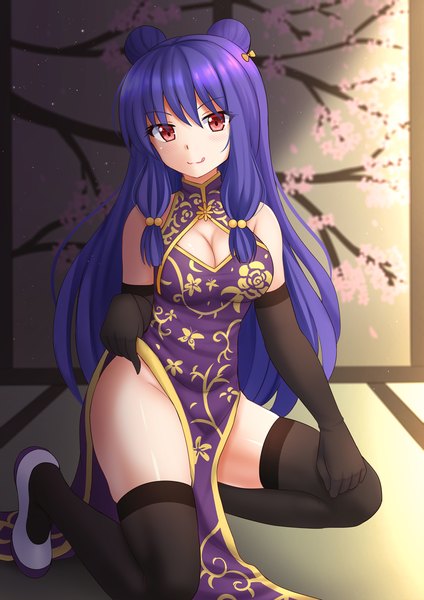 Anime picture 1200x1697 with ranma 1/2 shampoo (ranma 1/2) kazenokaze single long hair tall image looking at viewer blush fringe breasts light erotic smile hair between eyes red eyes bare shoulders payot cleavage purple hair full body bent knee (knees)