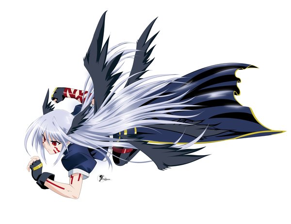 Anime picture 3500x2700 with mahou shoujo lyrical nanoha reinforce zwei solwyvern single long hair looking at viewer highres simple background red eyes white background signed silver hair full body facial mark vector black wings multiple wings girl gloves wings