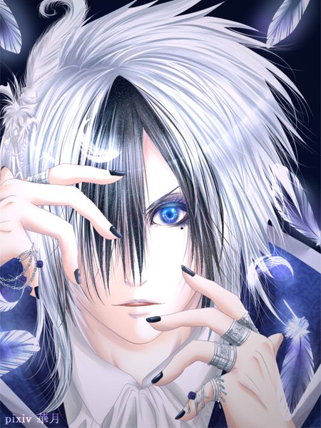 Anime-Bild 960x1280 mit real life versailles philharmonic quintet teru (versailles) kadukisaito single long hair tall image looking at viewer fringe blue eyes black hair hair between eyes signed silver hair nail polish parted lips multicolored hair hair over one eye realistic inscription