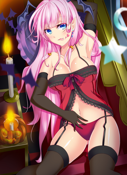 Anime picture 800x1100 with original kazane kirito single long hair tall image looking at viewer blush breasts blue eyes light erotic pink hair pointy ears halloween girl thighhighs gloves navel underwear panties black thighhighs