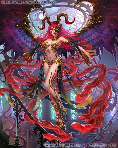 Anime picture 853x1067 with dragon's shadow shadowgrave single long hair tall image breasts open mouth light erotic red eyes large breasts cleavage bent knee (knees) red hair indoors horn (horns) official art midriff high heels demon girl weightlessness