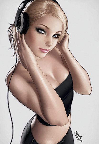 Anime picture 600x867 with original sennheiser warrenlouw single tall image looking at viewer short hair simple background blonde hair bare shoulders light smile lips grey background silver eyes girl headphones