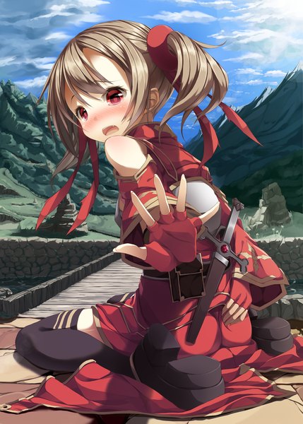 Anime picture 1296x1813 with sword art online a-1 pictures silica re:n ne single tall image blush short hair open mouth light erotic red eyes brown hair twintails horn (horns) loli short twintails girl thighhighs ribbon (ribbons) black thighhighs