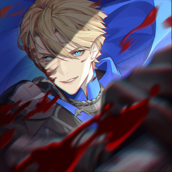 Anime picture 2000x2000 with fire emblem fire emblem: three houses nintendo dimitri alexandre blaiddyd sevenaklausv single looking at viewer fringe highres short hair blue eyes blonde hair hair between eyes upper body parted lips blurry anaglyph blood on face boy blood