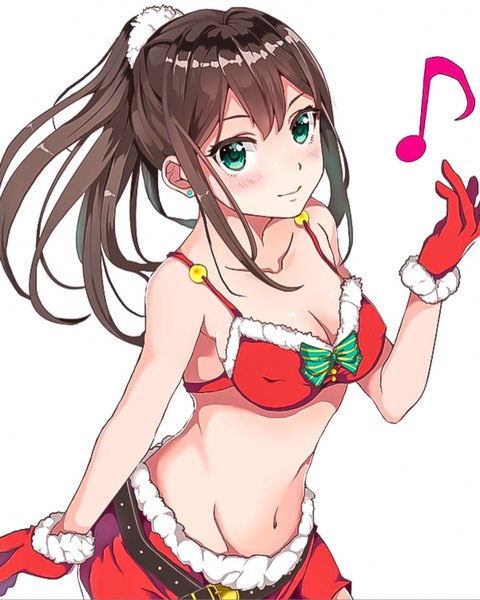 Anime picture 1202x1503 with idolmaster idolmaster cinderella girls shibuya rin hamu (plot sy) single long hair tall image looking at viewer blush fringe breasts light erotic simple background smile hair between eyes brown hair large breasts standing white background payot