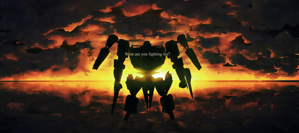 Anime picture 2116x942 with rikkukku highres wide image sky cloud (clouds) evening sunset mecha