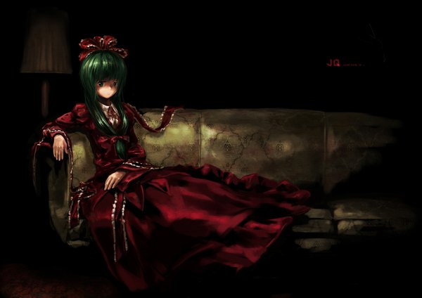 Anime picture 1280x905 with touhou kagiyama hina jq single long hair green eyes green hair dark background gloom girl dress ribbon (ribbons) hair ribbon couch