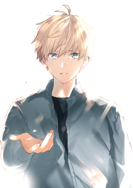 Anime picture 1116x1578 with fate (series) fate/grand order fate/prototype arthur pendragon (fate) seseragi azuma single tall image looking at viewer fringe short hair blonde hair simple background hair between eyes standing white background green eyes ahoge upper body outdoors parted lips