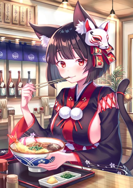 Anime picture 2507x3541 with azur lane yamashiro (azur lane) zoff (daria) single tall image looking at viewer blush fringe highres short hair breasts light erotic black hair smile red eyes large breasts sitting holding animal ears upper body