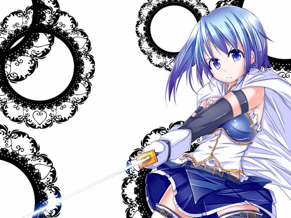 Anime picture 1554x1166 with mahou shoujo madoka magica shaft (studio) miki sayaka mad (hazukiken) single short hair blue eyes blue hair frown girl skirt gloves weapon miniskirt sword elbow gloves frills cape