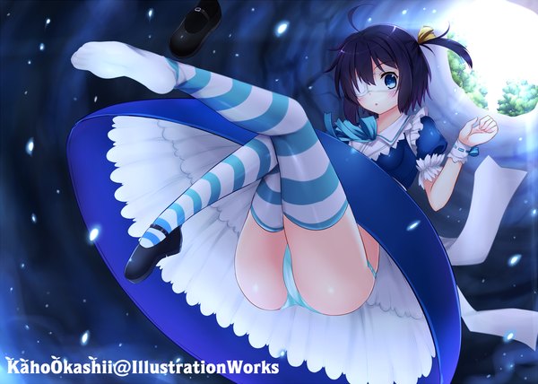 Anime picture 1200x857 with chuunibyou demo koi ga shitai! kyoto animation takanashi rikka kaho okashii single looking at viewer blush fringe short hair blue eyes light erotic purple hair ahoge one side up single shoe girl thighhighs dress underwear panties