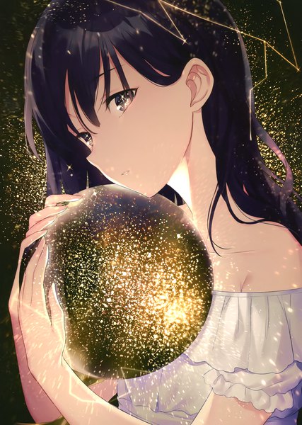 Anime picture 2099x2951 with original achiki single long hair tall image looking at viewer fringe highres black hair simple background hair between eyes holding upper body parted lips black eyes scan off shoulder glowing girl sphere