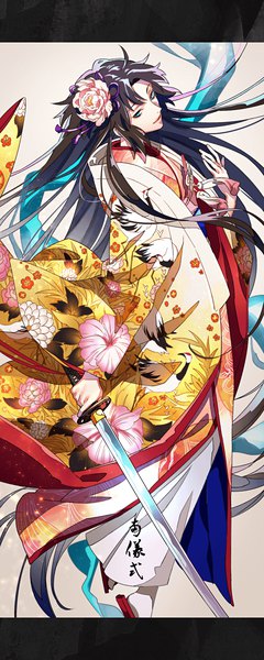 Anime picture 762x1900 with fate (series) fate/grand order kara no kyoukai type-moon ryougi shiki tenobe single tall image black hair very long hair traditional clothes japanese clothes hair flower aqua eyes floral print animal print bird print girl flower (flowers) weapon
