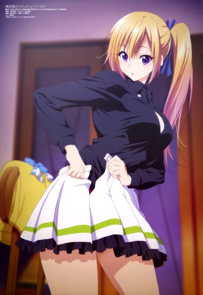 Anime picture 4086x5929 with musaigen no phantom world megami magazine kawakami mai tagme (artist) single long hair tall image looking at viewer highres open mouth blonde hair purple eyes absurdres official art side ponytail girl skirt shirt black shirt