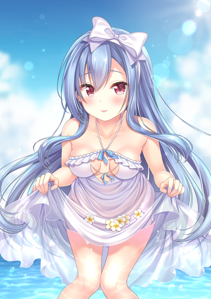 Anime picture 4093x5787 with aoba project aoba rena sakura moyon single long hair tall image looking at viewer blush fringe highres breasts light erotic hair between eyes red eyes standing bare shoulders blue hair absurdres sky cloud (clouds)