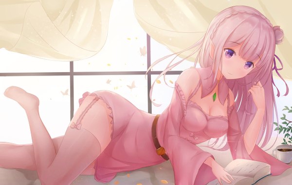 Anime picture 1254x800 with re:zero kara hajimeru isekai seikatsu white fox emilia (re:zero) kimm single long hair purple eyes looking away white hair hair flower girl thighhighs dress flower (flowers) detached sleeves petals white thighhighs book (books)