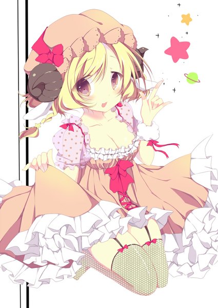 Anime picture 752x1062 with original umino mizu single tall image looking at viewer blush short hair open mouth blonde hair brown eyes horn (horns) girl thighhighs dress frills bonnet fishnet stockings