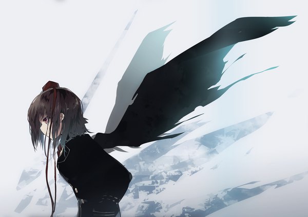 Anime picture 1000x704 with touhou shameimaru aya itsutsuki single short hair black hair red eyes looking away upper body profile grey background black wings hands in pockets girl wings tokin hat