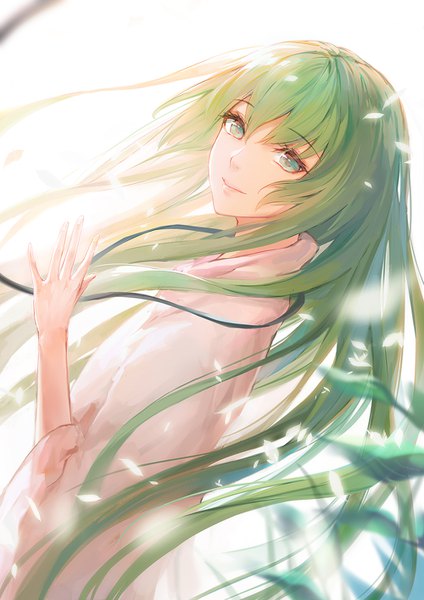 Anime picture 1000x1414 with fate (series) fate/strange fake enkidu (fate) 1991 (blz) single long hair tall image looking at viewer fringe simple background hair between eyes white background green eyes green hair depth of field backlighting androgynous boy petals