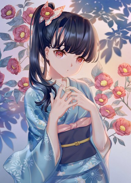 Anime picture 858x1200 with kimetsu no yaiba ufotable tsuyuri kanao littleamber single long hair tall image looking at viewer fringe black hair red eyes upper body traditional clothes japanese clothes :o side ponytail girl hair ornament flower (flowers) kimono