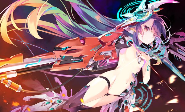Anime picture 1000x608 with no game no life madhouse shuvi (no game no life) fuchima single looking at viewer fringe light erotic wide image payot sky purple hair very long hair multicolored hair blurry night orange eyes night sky gradient hair flying